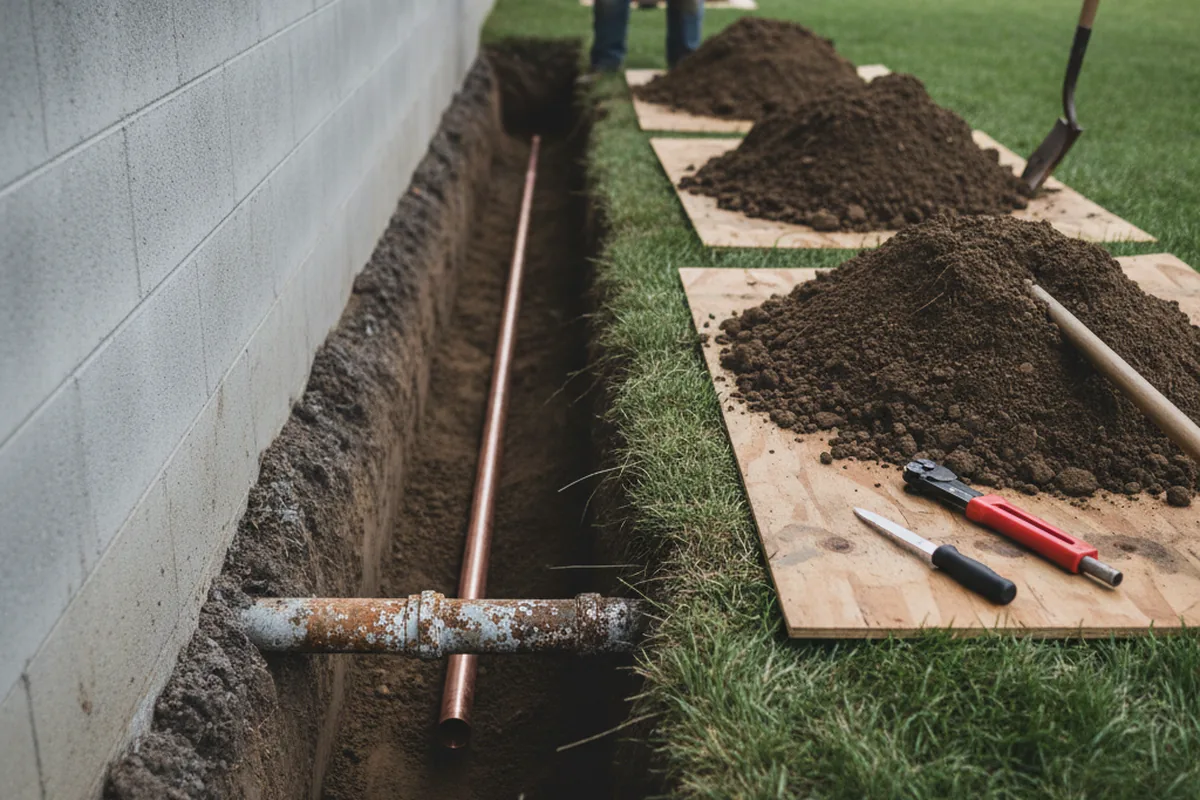 Excavated water line trench during Sewer Line Repair in Frostburg